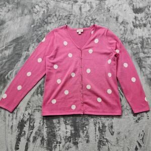 Quacker Factory Sweater Womens S Pink White‎ Polka Dot V-Neck Buttons Preppy